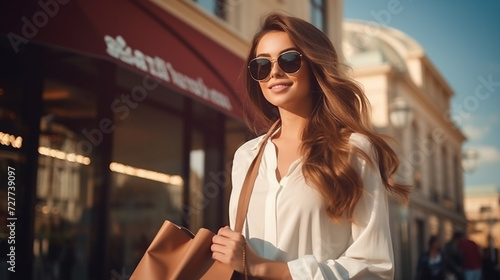 A fashion photograph of a young fashionable lady model wearing sun glasses walking toward the camera with a bag in hand and wearing a beautiful dress, for seasonal shopping clothing brand banner © Sudarshana