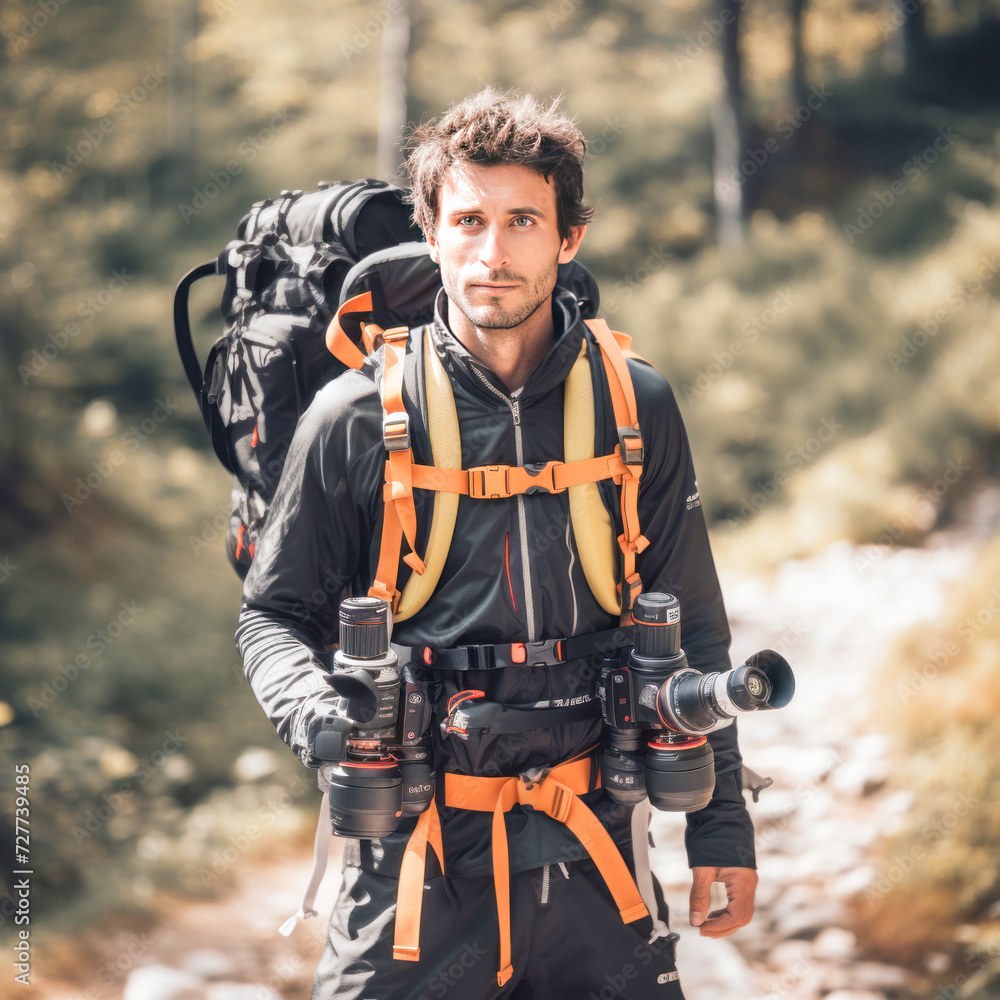Young man climber holding backpack ready for climbing Young man climber holding backpack ready for climbing