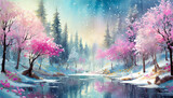 Snowy forest and blooming trees illustration like painting with reflections on the lake symbolizing the transition from winter to spring, Generative AI