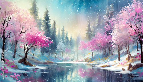 Snowy forest and blooming trees illustration like painting with reflections on the lake symbolizing the transition from winter to spring, Generative AI © milotus