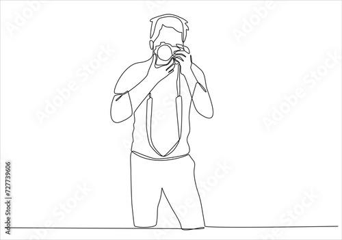 Male photographer with camera taking pictures outdoors. Continuous line drawing of black line of a journalist or photographer at work. For animation. Monochrome vector, line drawing