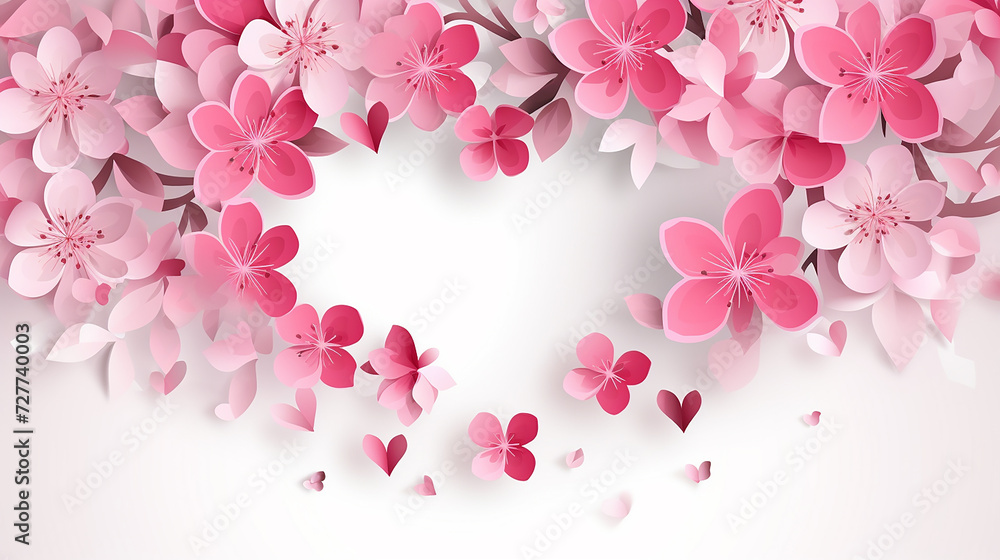valentine's card with decorative paper hearts and pink flowers on white background