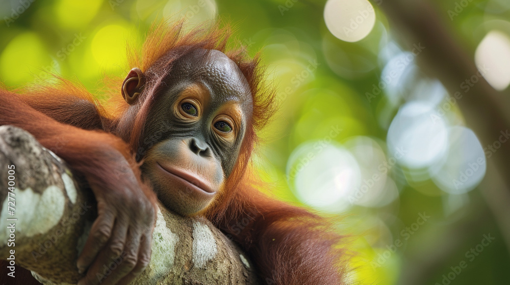 closeup of Young Orangutan on Tree Branch in Forest
