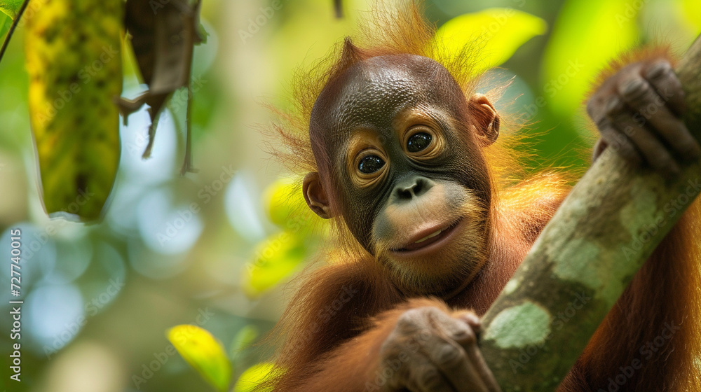 Fototapeta premium closeup of Young Orangutan on Tree Branch in Forest