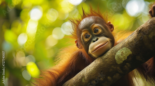 closeup of Young Orangutan on Tree Branch in Forest photo