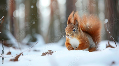 Cute red squirrel in snow, animals in winter © Banu