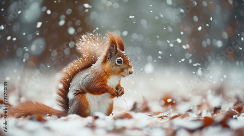 Cute red squirrel in snow, animals in winter