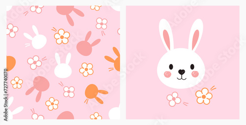 Seamless pattern with bunny rabbit cartoons and cute flower on pink background vector illustration. Cute childish print.