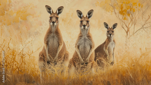 Red kangaroos in the meadows of the Australian outback