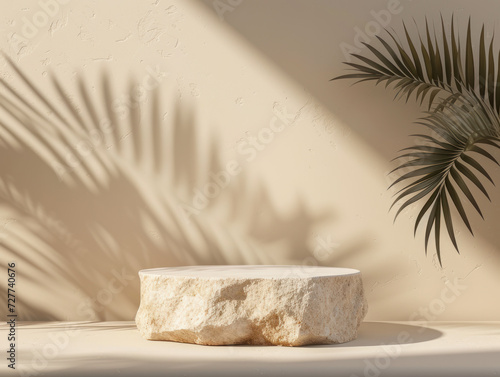 Stone podium for product presentation, 3d mockup, Geometric minimal pedestal for cosmetic product.