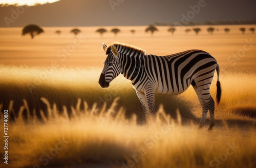 One wild zebra stand in the desert in natural environment  beautiful savanna landscape  sunset light  close up  copy space