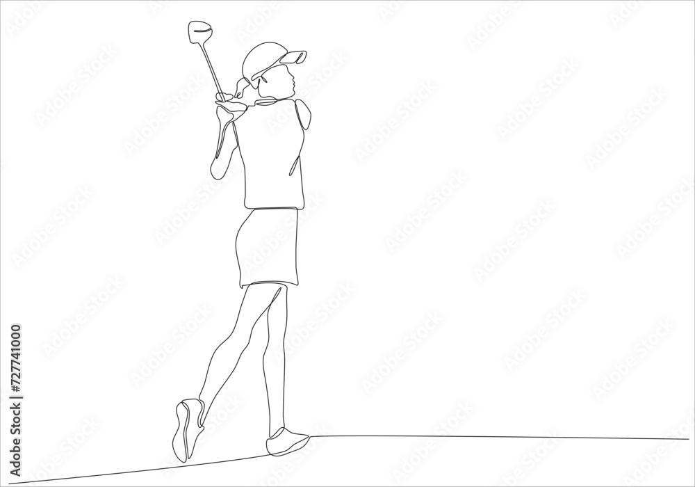Continuous line drawing of young woman playing golf. Single one line art concept of professional golfer holding stick to hit ball. Vector illustration
