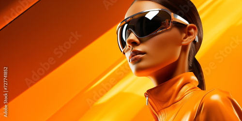 young futuristic cyber girl with sunglasses in front of a minimal orange backdrop