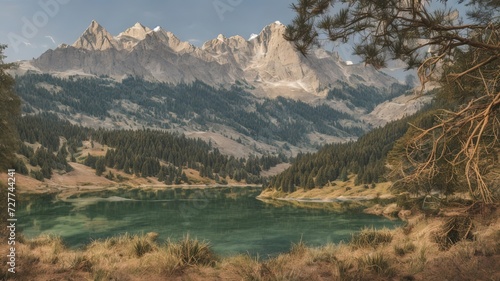 Majestic mountain landscape, serene lake surrounded by lush greenery and rugged peaks. Ideal for nature themed content, travel, and relaxation imagery. High quality, vibrant scenic photo