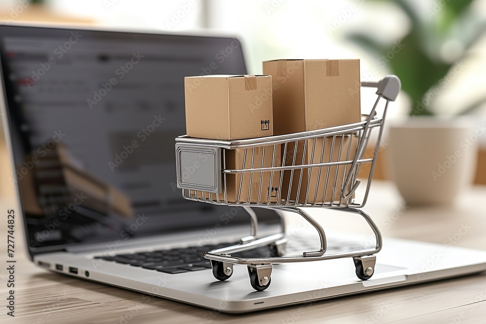 Online shopping concept with a cart full of boxes on top of a laptop computer. AI Generated
