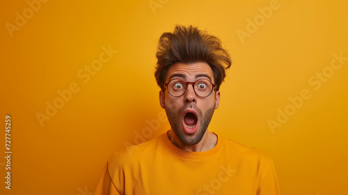 surprise man with a funny and crazy expression, open mouth, shouting in anger, with a beard, in a closeup portrait