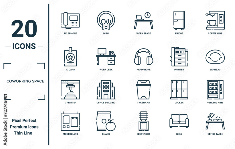 Vetor do Stock: coworking space linear icon set. includes thin line ...