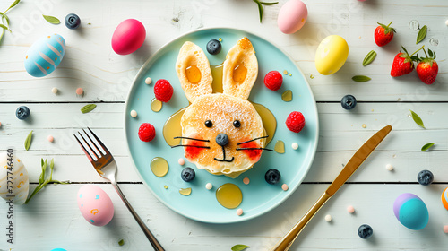 Easter children's breakfast Pancake in the shape of a cute face of the Easter bunny with berries and honey and Easter eggs on a light wooden background with copy space photo