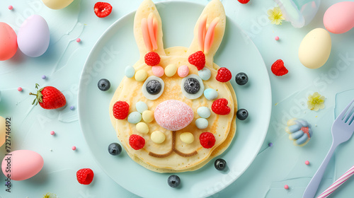 Easter children's breakfast, Pancake in the shape of a cute Easter bunny face with berries and honey and colorful Easter eggs on a pastel blue background with copy space.