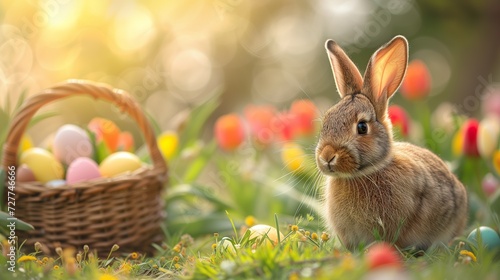Easter bunny sits on grass near basket with colorful Easter eggs.