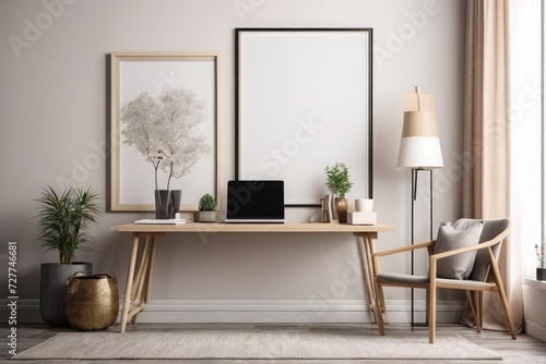 Modern Home Office Mockup - Frame on Living Room Wall, Stylish Interior Design. 