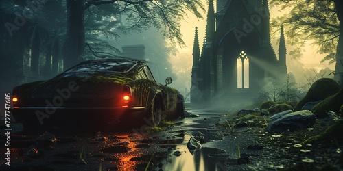 fantasy illustration of a old church ruin with a car wreck at dusk photo