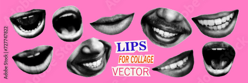 Halftone human lips and mouths for collage mixed media design. Cut out from magazine shapes, modern retro grunge dotted stickers. Pop art vector illustration isolated on pink background