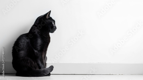 Black cat on white background, or name Konja Thai cat Auspicious cat, portrait kitten, background cover banner ads. photo