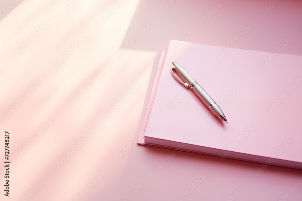 A serene workspace featuring a pink notebook and a silver pen. Ideal for planning, journaling, or jotting down ideas. Ample copy space. A serene workspace featuring a pink notebook and a silver pen. Ideal for planning, journaling, or jotting down ideas. Ample copy space.