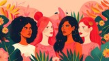 Women with colorful flowers. Beautiful creative banner for International Women's Day on March 8th