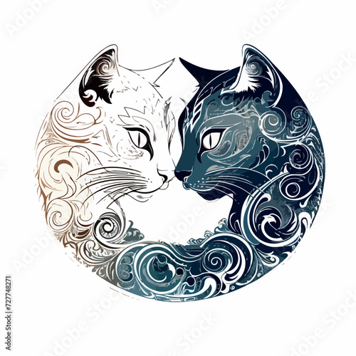 Two yin yang cats in cartoon, doodle style. Image for t shirt. Isolated 2d vector illustration in logo, icon, sketch style, Eps 10. AI Generative