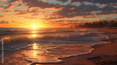 Beautiful seascape with waves and sunset. 