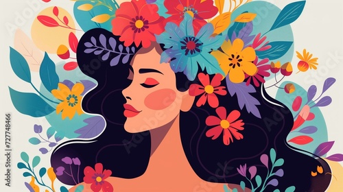 A woman with colorful flowers. Beautiful creative banner for International Women s Day on March 8th