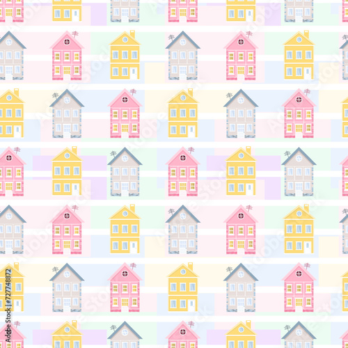 Cute kids seamless pattern with cute houses. Square texture for printing on fabric, paper. Bright multicolored pattern for children's clothes. Houses on light pastel multicolored background.