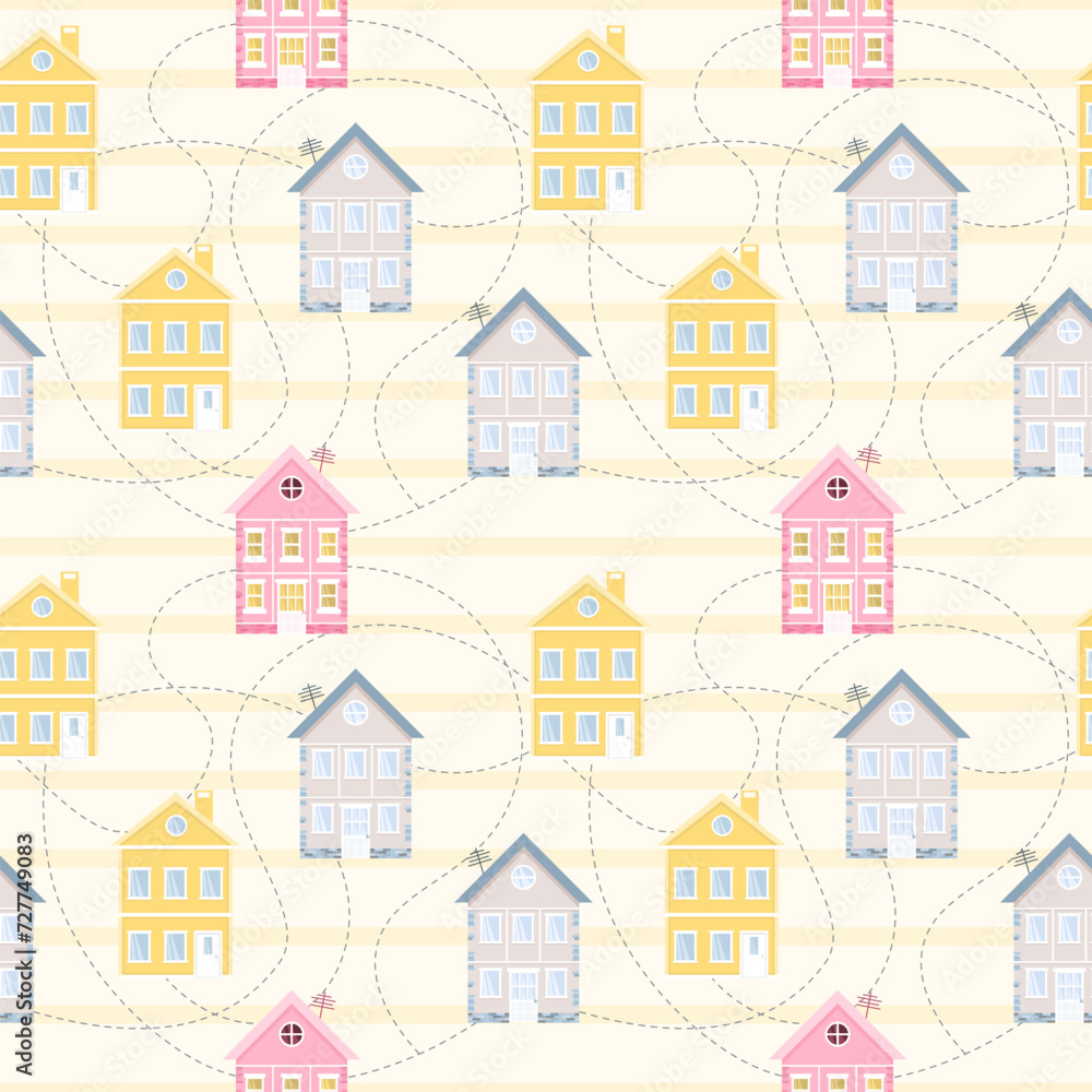 Cute kids seamless pattern with cute houses. Square texture for printing on fabric, paper. Bright multicolored pattern for children's clothes. Houses on light beige-yellow striped background.