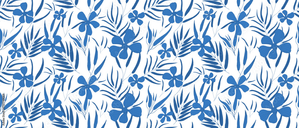 Seamless horizontal pattern with elegant blue leaves and flowers.Pattern on changeable white background. Elegant texture for printing on fabric,paper.Flat illustration style. Floral botanical pattern. Seamless horizontal pattern with elegant blue leaves and flowers.Pattern on changeable white background. Elegant texture for printing on fabric,paper.Flat illustration style. Floral botanical pattern.