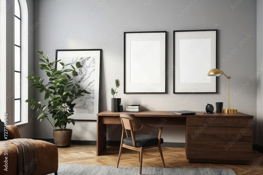 Modern Home Office Mockup - Frame on Living Room Wall, Stylish Interior Design.
Modern Home Office Mockup - Frame on Living Room Wall, Stylish Interior Design.