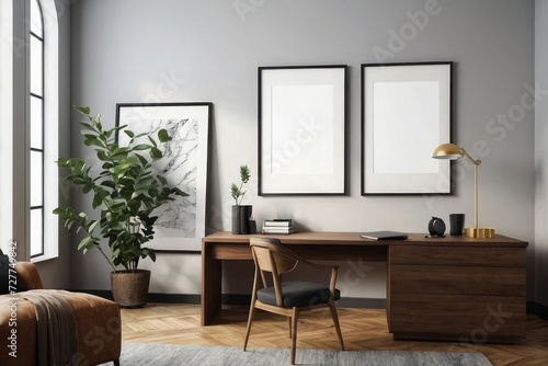 Modern Home Office Mockup - Frame on Living Room Wall, Stylish Interior Design.  © aitricho