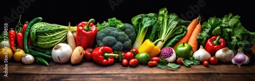 Group of vegetables on a wooden table.