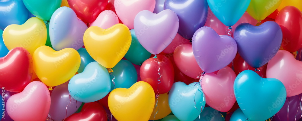 Colorful Heart-Shaped Balloons Close-Up.Vibrant assortment of heart-shaped balloons in various colors tightly clustered together, creating a backdrop of colorful celebration