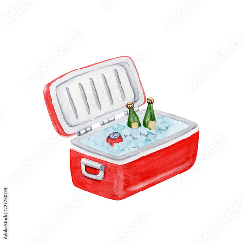 Foto Red open lid cooler box with ice, bottles and drink can inside