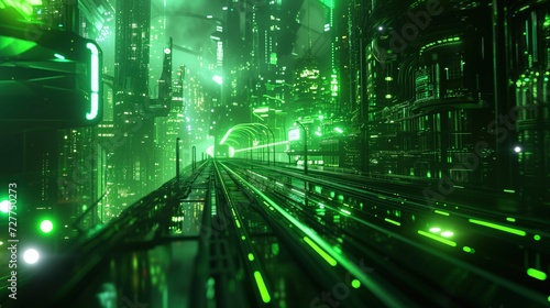 Futuristic City at Night With Green Lights, Illuminated Urban Landscape