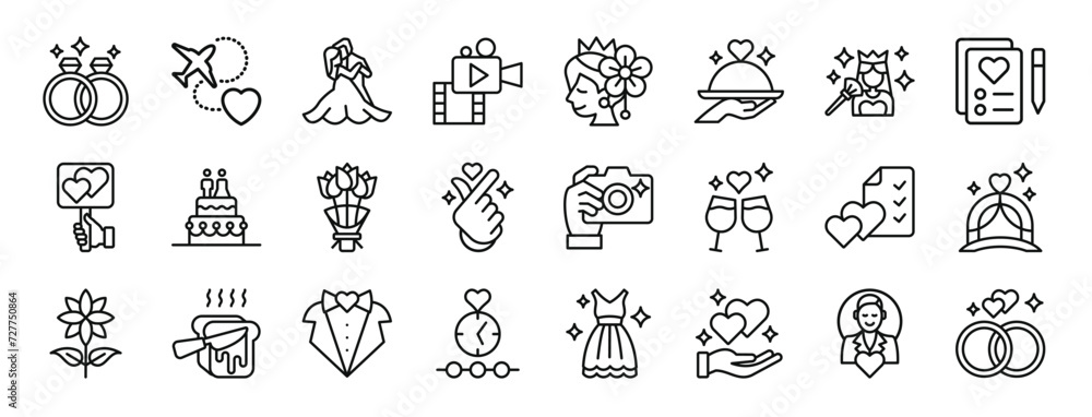 set of 24 outline web wedding service icons such as rings, honeymoon, dance, videography, hair bun, menu, makeup artist vector icons for report, presentation, diagram, web design, mobile app