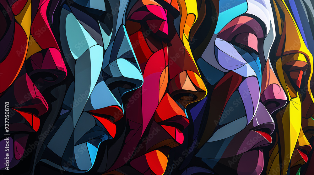 Abstract human faces composed of cascading, colorful geometric shapes background - obrazy, fototapety, plakaty 