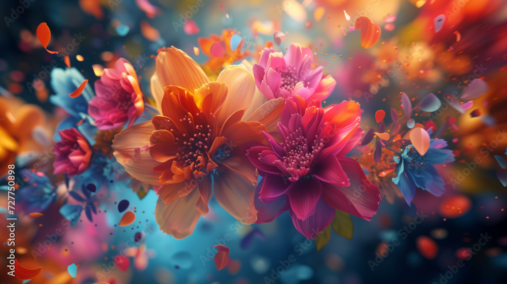 Abstract explosion of digital flowers, blooming in a riot of colors and shapes on a virtual canvas Abstract explosion of digital flowers, blooming in a riot of colors and shapes on a virtual canvas