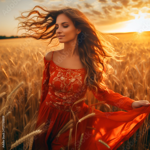 Beautiful girl in a wheat field at sunset in a red dress