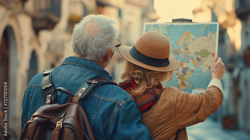 old travelers couple in retirement on vacation with map  in their hands