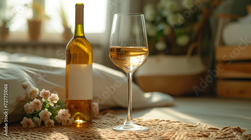 romantic atmosphere in the bedroom glass of white wine with a bottle