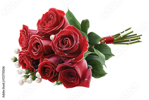 romantic bouquet of red roses entwined with black pearls and crystals adding on a white background
