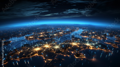 Wallpaper Mural city view from above at night with bright blinking lights and blue sky  Torontodigital.ca